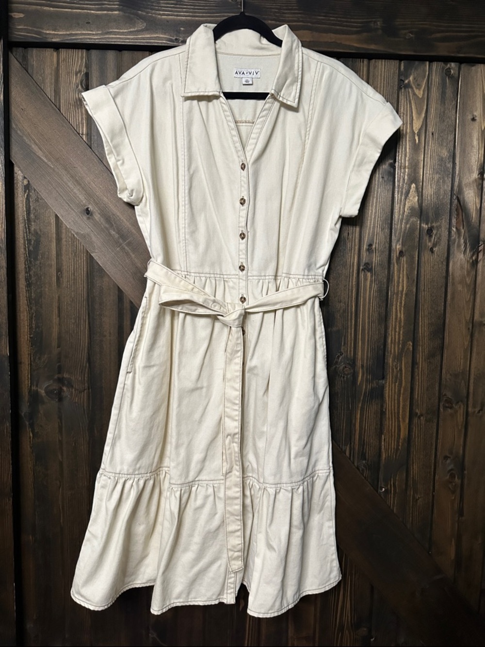 Ava & Viv Cream Button-Front Belted Midi Dress